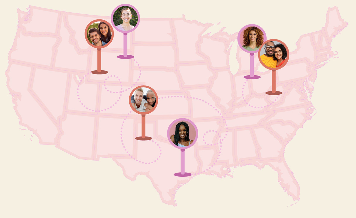 US map with photo pins showing Intended Parents across the country